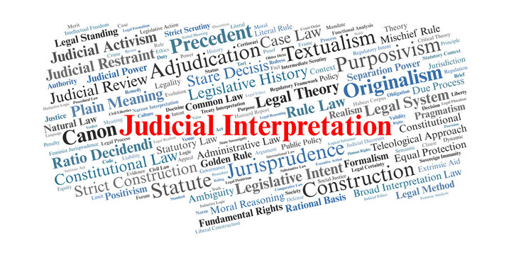 Judicial Interpretation Word Cloud. A visual synthesis of legal theories, canons of construction, and judicial philosophies used by courts to define statutory and constitutional meaning.
