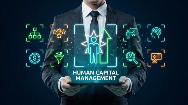 Human capital management concept with businessman holding tablet with digital interface icons