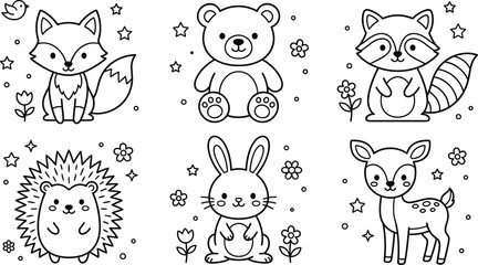 Cute woodland animal outline collection featuring fox bear raccoon hedgehog rabbit and deer cartoon coloring page vector illustration set © Galib