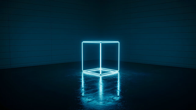 A glowing blue neon cube in a dark room with a reflective floor