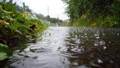 Fototapeta premium Raindrops Falling on a Water Surface in a Lush Green Environment.