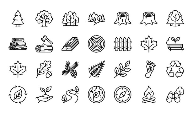 Forest and tree outline icon collection with editable nature vector symbols