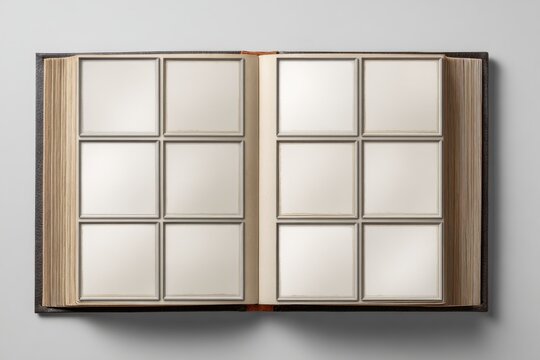 Open Photo Album with Empty Square Frames for Memories.