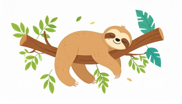 Cute Sleeping Sloth Cartoon on Tree Branch in Jungle Nature Art