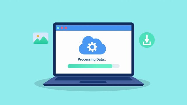 Animated flat illustration of a laptop displaying data processing interface with image and download elements, representing digital media workflow and content management systems.