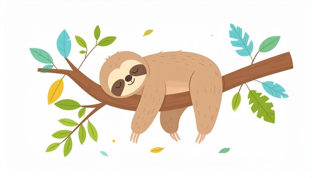 Cute Sleeping Sloth Cartoon on Tree Branch in Jungle Nature Art