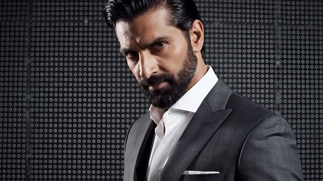 Stylish Man in Suit Posing Confidently Against a Textured Background.