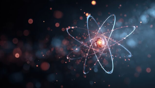 Abstract Atomic Structure Illustration with Glowing Nucleus and Orbiting Electrons.