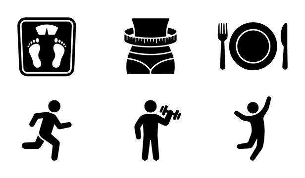 Healthy Lifestyle Icons: Weight Loss, Fitness, Nutrition, Exercise, Well-being, 6 Vector Graphics Set