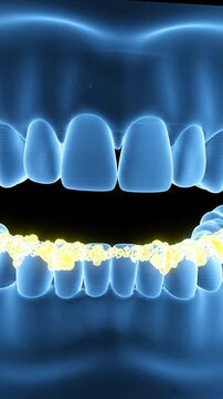 3D Medical Hologram Illustrating Tartar Formation on Teeth in Blue Colors, Emphasizing Oral Health and Hygiene Concepts Against a Solid-Black Background