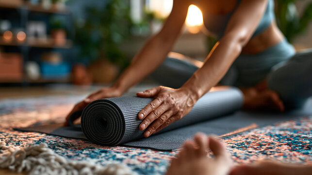 Close-up of  woman's hands and forearms rolling up a yoga mat on a carpeted home floor, bare feet visible at the bottom of the frame, the mat being rolled with relaxed hands, warm