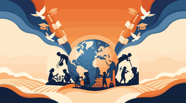 World Day Against Child Labour concept with global kids silhouette working in farming sewing brick construction and flying education books vector illustration