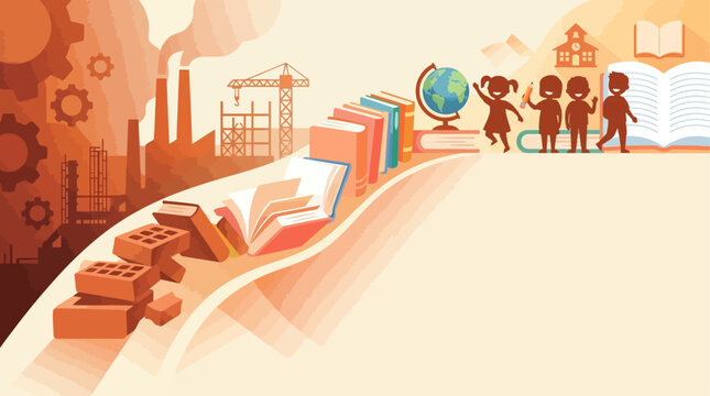 World Day Against Child Labour concept transition from industrial factory factory bricks to books school children education vector illustration