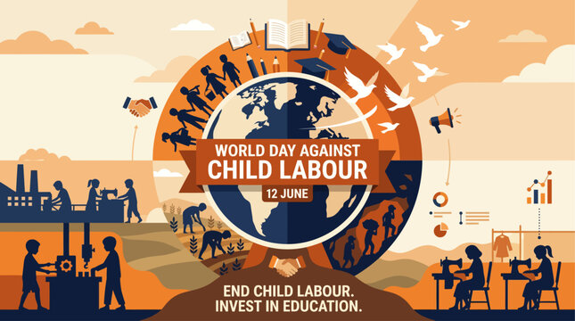 World Day Against Child Labour infographic banner on June 12 with globe text kids working in factory and education concept vector illustration