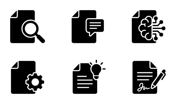 Document Icons Set: Search, Chat, AI Brain, Settings, Idea Lightbulb, Signature, Vector Graphics for Business and Technology