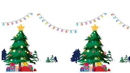 Christmas tree decorated with festive ornaments stands surrounded by colorful gift boxes under a string of twinkling lights in this joyful holiday celebration scene designed for winter greeting cards. © how
