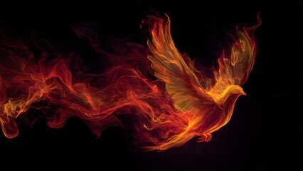 Fototapeta premium Vibrant glowing bird silhouette created from intense orange and red smoke and fire against darkness