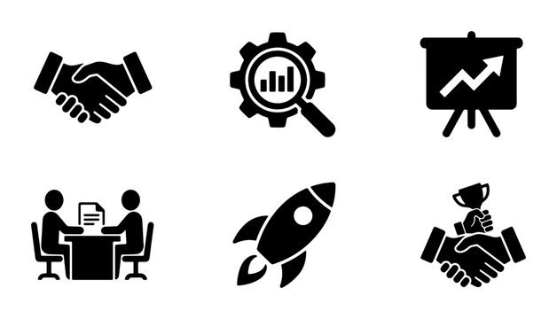 Business Icons Set: Partnership, Analytics, Growth Chart, Meeting, Startup Rocket, Success Trophy, Vector Graphics for Corporate Concepts