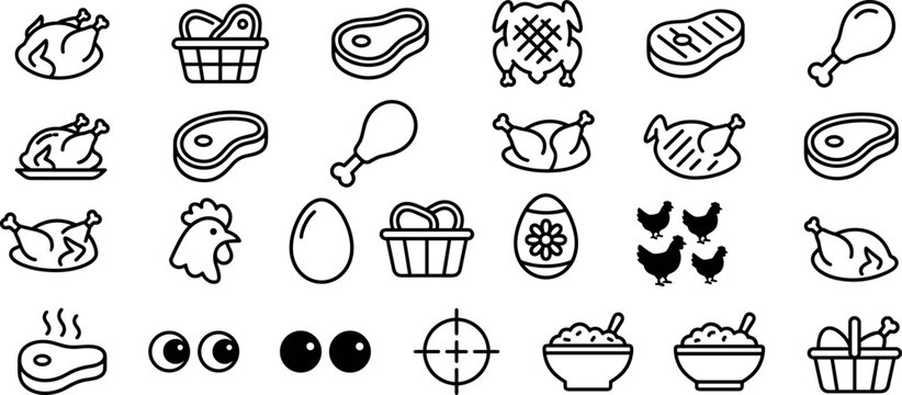 Raw Meat and Poultry Line Icon Set Featuring Roasted Chicken Beef Steak Turkey Eggs Legs and Picnic Food Baskets for Restaurant Butcher Shop and Grocery Graphics