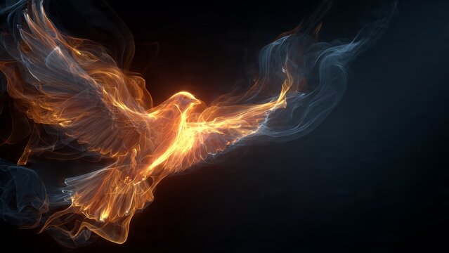 Digital artwork depicting a vibrant phoenix or holy spirit dove made of radiant orange smoke and glowing light streaks
