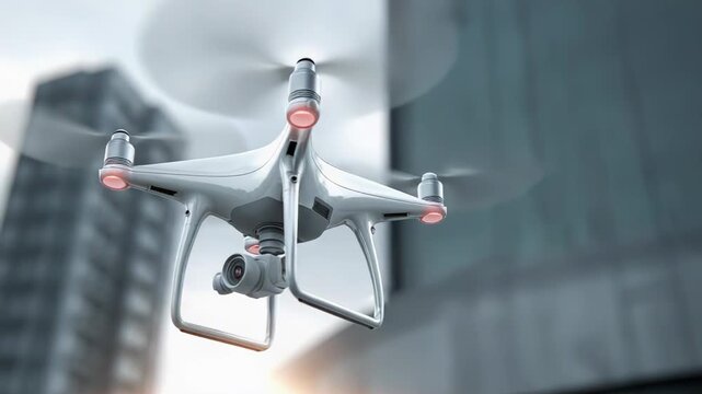 White drone with propellers spinning and an integrated camera flying in an urban environment, capturing aerial footage with technology and innovation concepts