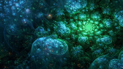 Obraz premium Digital abstract fractal artwork showcasing glowing blue and green cellular clusters in a dark environment