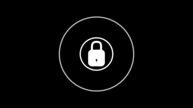 Black  security shield icon animation with locked padlock on black screen. 4K animated perfect for motion graphics, security, business, and overlays.