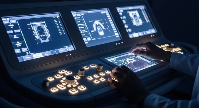 Modern flight simulator cockpit controls and screens