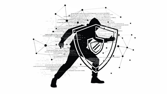 Silhouette of a hooded figure protected by a digital shield network