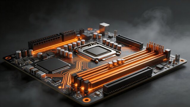 Computer motherboard with glowing circuits