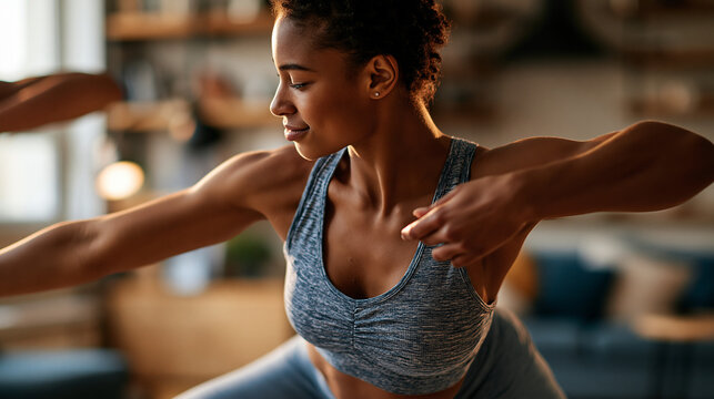 African American woman in activewear performing a dynamic standing stretch sequence on a mat at home, arms or legs in motion, face not identifiable, warm natural light, background