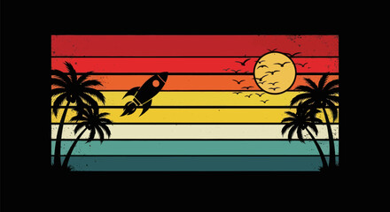 Retro sunset scene with rocket and palm trees © BIGO