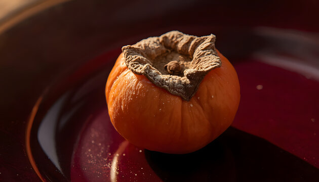 A dried persimmon with white sugar powder on a deep red lacquerware plate in autumn light