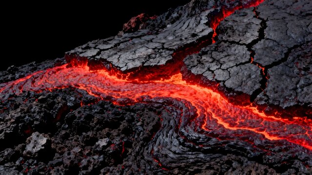 Lava flow on cracked rock surface