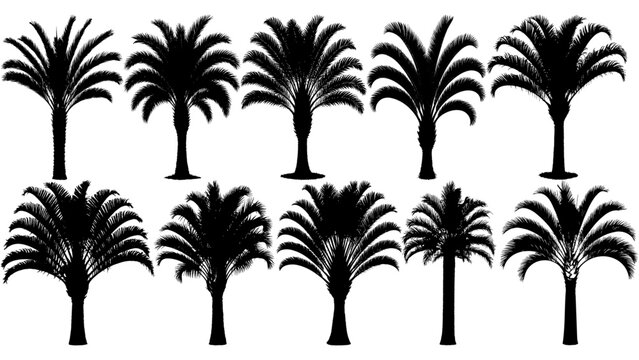 Vector set of Triangle palm tree silhouettes in bold black, featuring unique three-sided trunks and geometric fronds, ideal for tropical landscapes, architectural themes, and modern vector design.