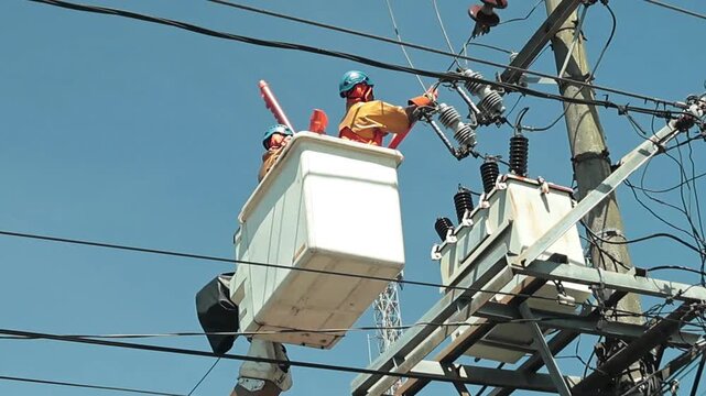Power line maintenance workers using work safety equipment