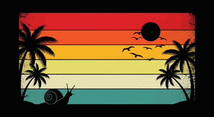 Sunset beach scene with palms and snail © Corneto