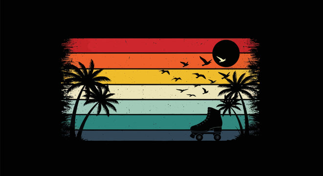 Retro sunset scene with roller skate