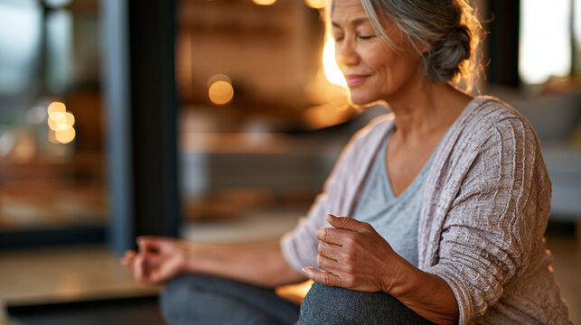 mature woman with naturally grey hair seated in a lotus meditation pose on a yoga mat at home, posture relaxed and composed, face gently downturned and not identifiable, wearing