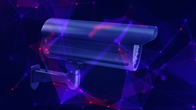 Security camera, overlayed with digital plexus network. Survelliance concept.