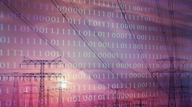 sunset time lapse with binary code over high voltage tower landscape video with wind turbine, abstract concept for electricity business