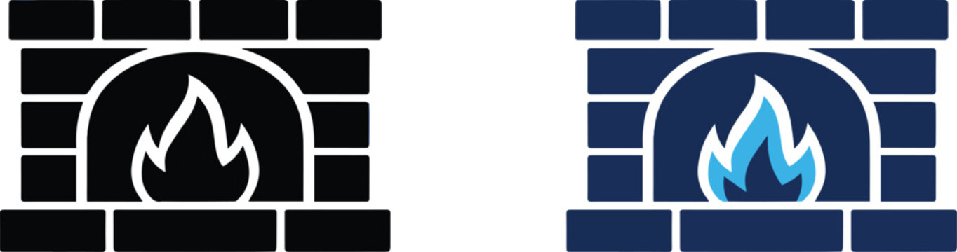 Set of two simple brick fireplace icons with fire flame symbols