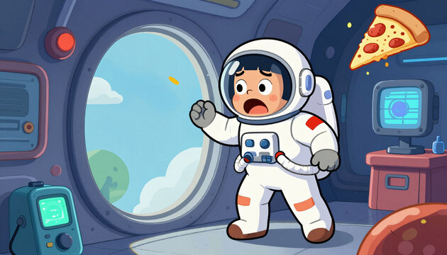 Verwirrter Astronaut blickt aus dem Bullauge eines Raumschiffs