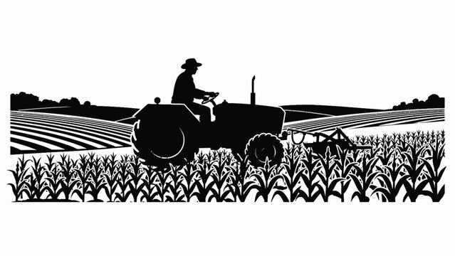 A vintage style illustration depicting a farmer driving a tractor through a field