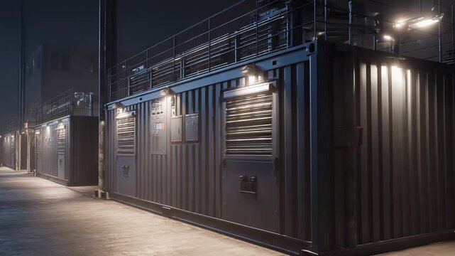 Industrial shipping containers equipped with power supply systems are illuminating a concrete area, serving as modular units for various energy solutions in a secure zone