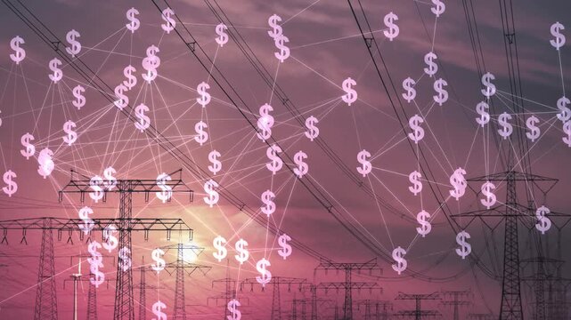 sunset time lapse with binary code and animated dollar sign grid over high voltage tower landscape video with wind turbine, abstract concept for electricity 
