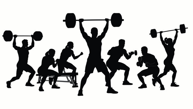Silhouettes of weightlifters in dynamic poses showcasing strength and athletic training