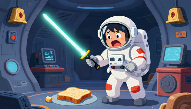 Astronaut bereitet sich mit Laserschwert auf Toast-Angriff vor