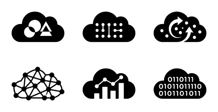 Cloud Computing Icons Set, Data Storage and Network Symbols, Digital Technology and Analytics Graphics, Binary Code and AI Concepts