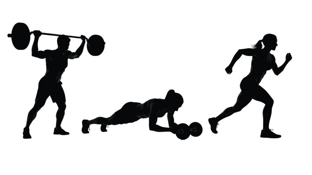 Silhouettes of athletes performing weightlifting running and floor exercises